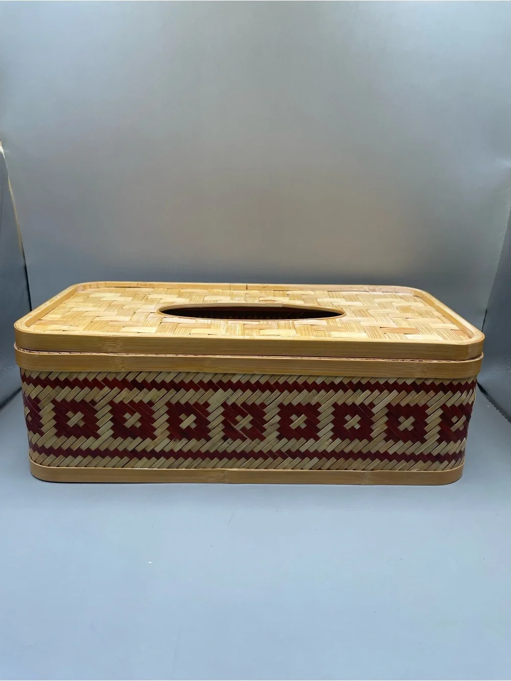 Vintage Bamboo Woven Red Geometric Design Tissue Box Cover With Lid 10.5x3.5”